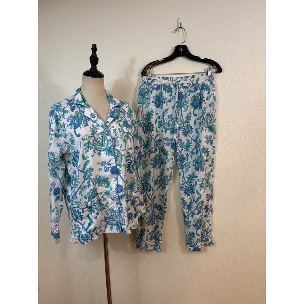 Roller Rabbit Pajama Set Women Medium Blue Green Floral Block Print Cozy Amanda